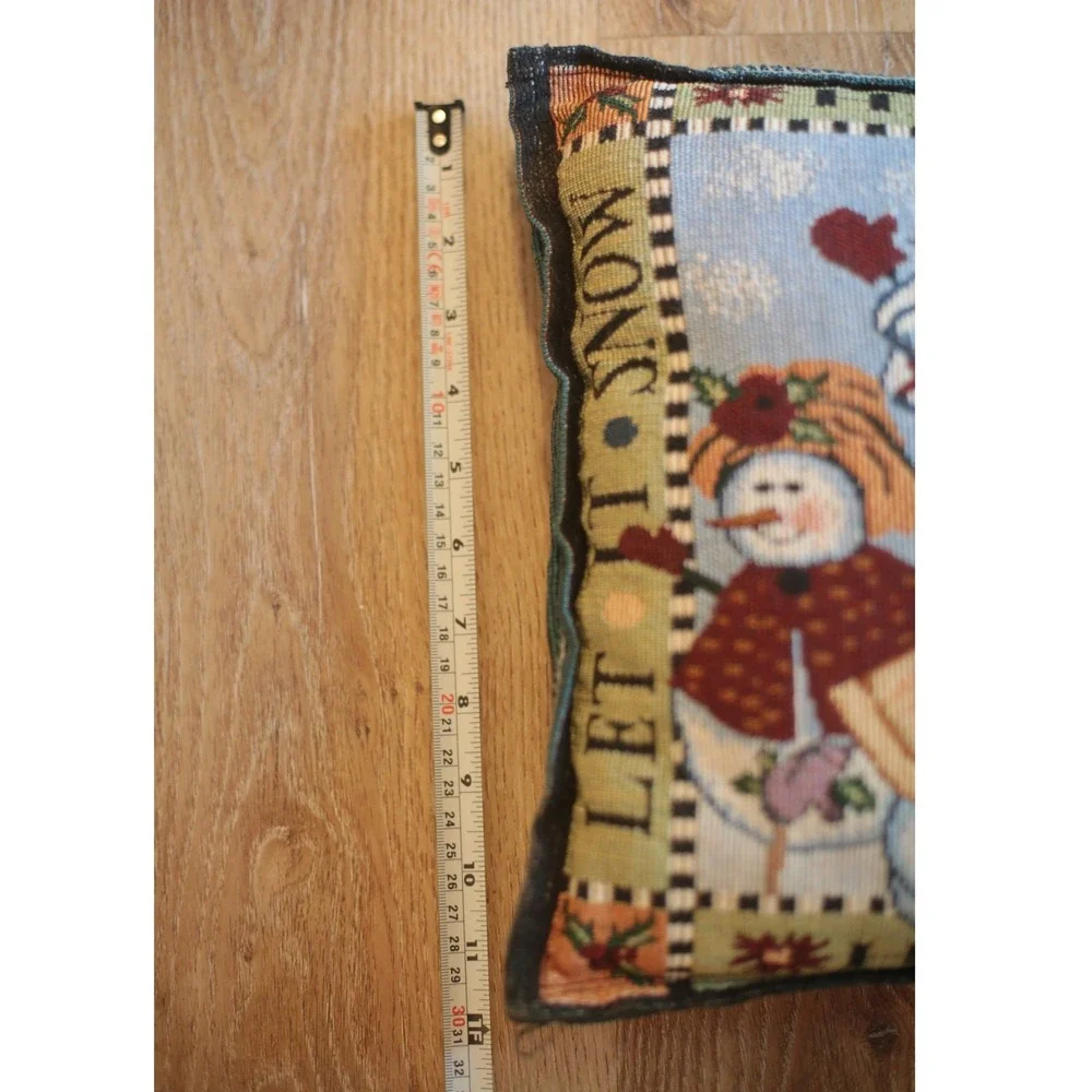 Vintage Woven Tapestry Snowman Christmas Pillow Happy Holidays Let It Snow 17x11